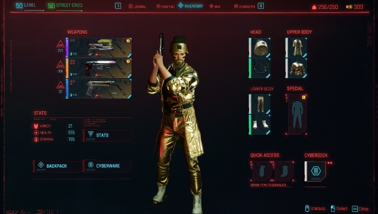 赛博朋克2077所有金色服装和武器存档